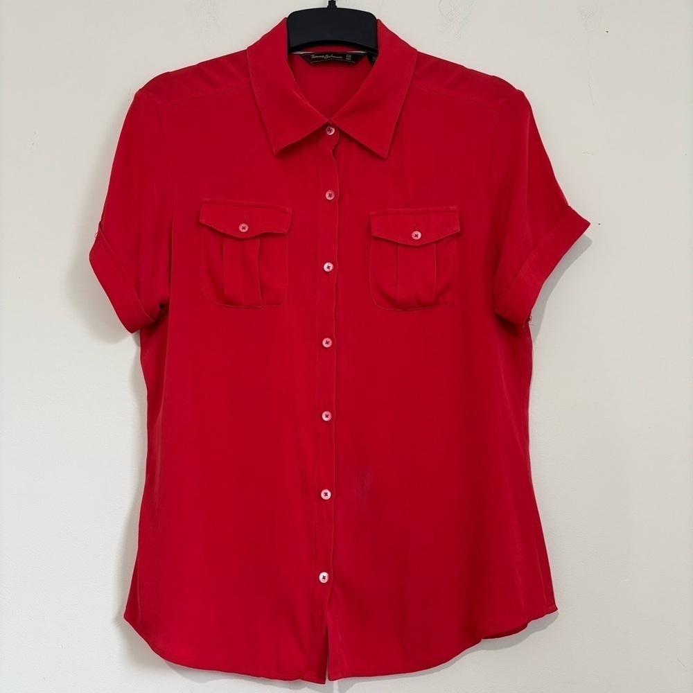 Tommy Bahama Red Silk Button Up Short Sleeve Causal Shirt Size M